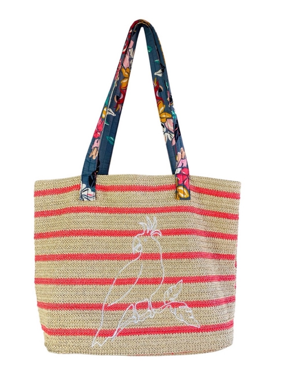 Vera Bradley Coastal Paradise Straw Beach Tote Bag Coral Stripe Parrot Pocket